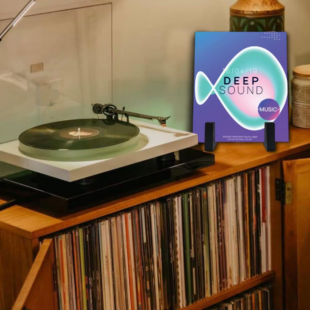 Juodas metalinis vinilo plokštelių laikiklis stalui