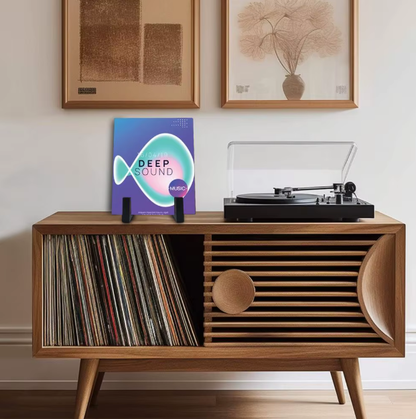 Juodas metalinis vinilo plokštelių laikiklis stalui